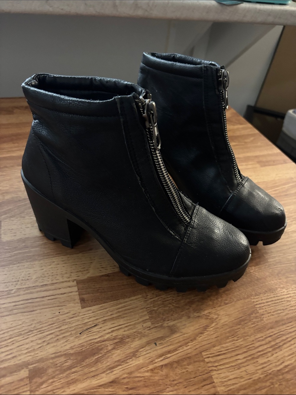 Topshop Black Chunky-Heel Front-Zip Ankle Booties - TopShop